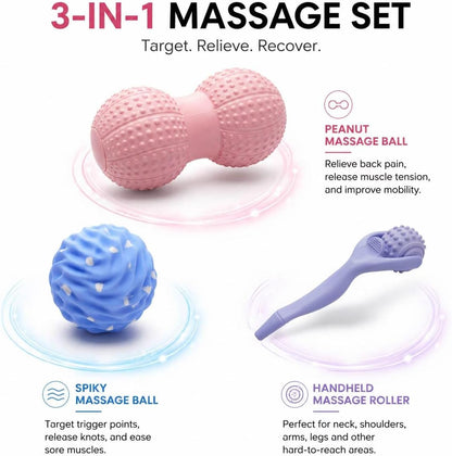 Massage Ball Set Peanut Ball 3.35"Fascia Ball for Foot Handle Ball for Back | 3 in 1 Silicone Fascia Ball Myofascial Release Kit for Plantar Fasciitis Deep Tissue Trigger Point