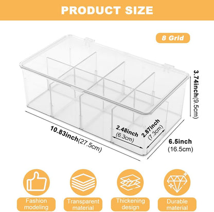 Clear Tea Bag Organizer with Lid, Stackable Storage Bin with Dividers