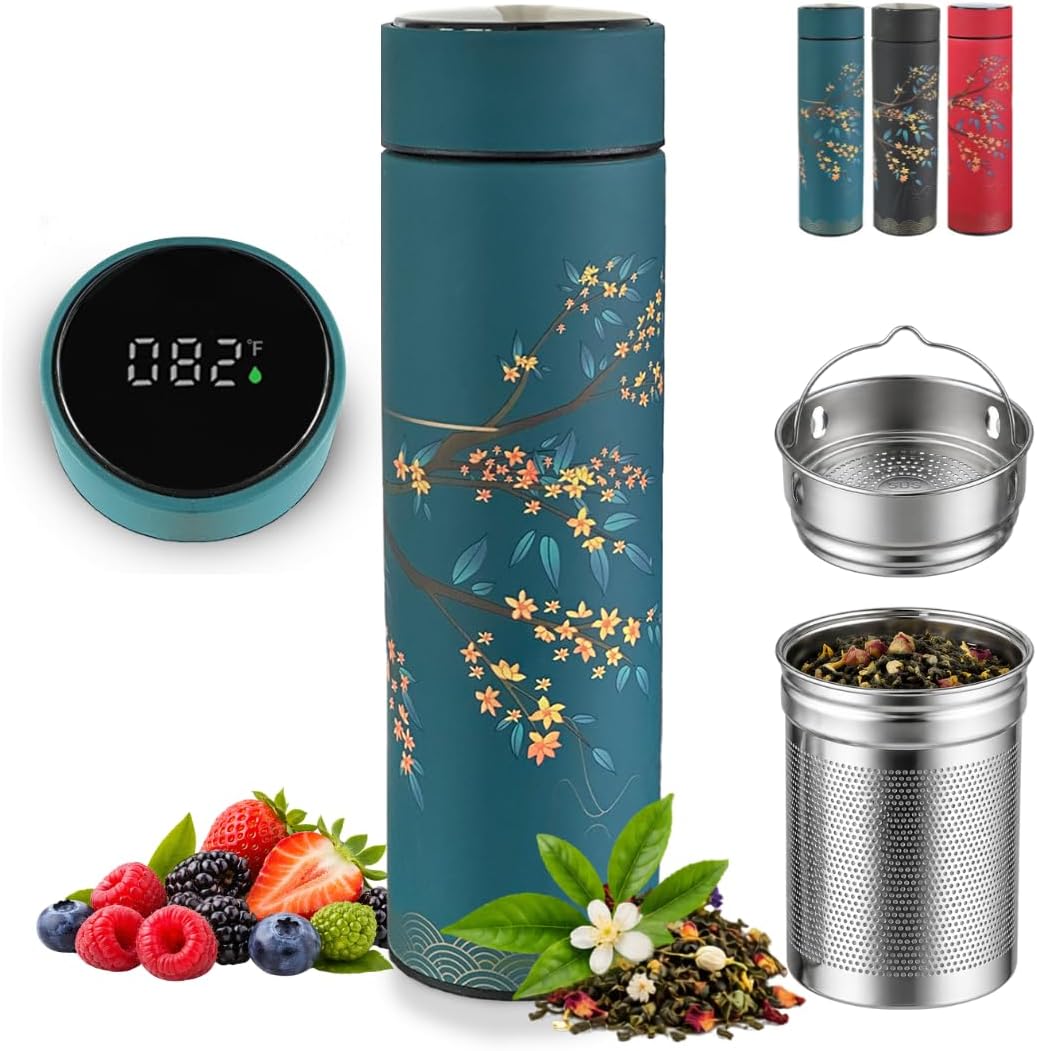 Farasi Tea Infuser for Loose Leaf Tea Smart Water Bottle with Fahrenheit Temperature Display, Stainless Steel Insulated Coffee and Fruit Tea Infuser Bottle - Floral Travel Tea Mugs 15 oz (Black)
