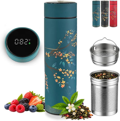 Farasi Tea Infuser for Loose Leaf Tea Smart Water Bottle with Fahrenheit Temperature Display, Stainless Steel Insulated Coffee and Fruit Tea Infuser Bottle - Floral Travel Tea Mugs 15 oz (Black)