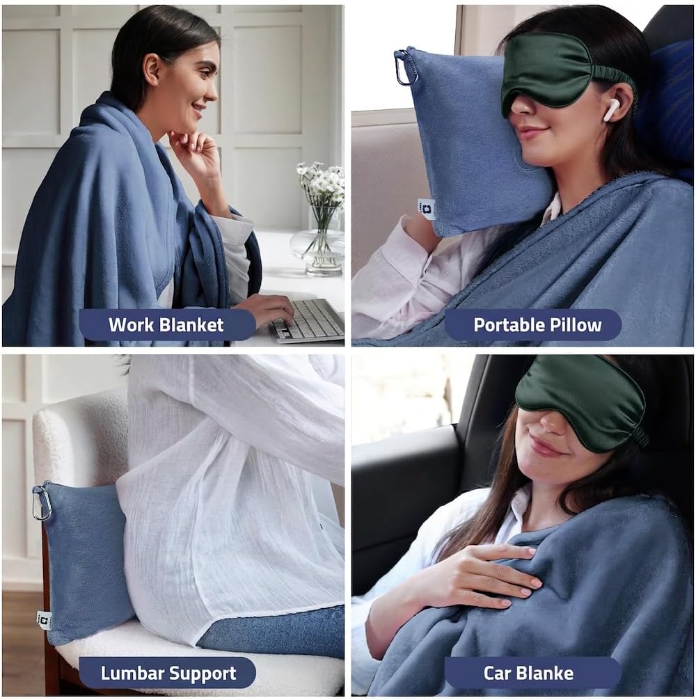 Travel Blanket Pillow,Airplane Blanket Compact with Bag Eye Mask, Ultra-Soft,Warm & Lightweight Included,Travel Essentials for Women & Men, Luggage Sleeve & Backpack Clip 65x40 in, Grey