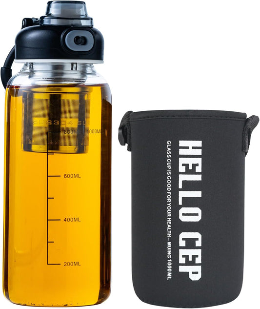 34oz Glass Water Bottle with Capacity Mark & Sleeve, BPA-Free Tea Bottle with Infuser for Hot & Cold Drinks, Tea, Coffee and Water for Gym, Home & Office