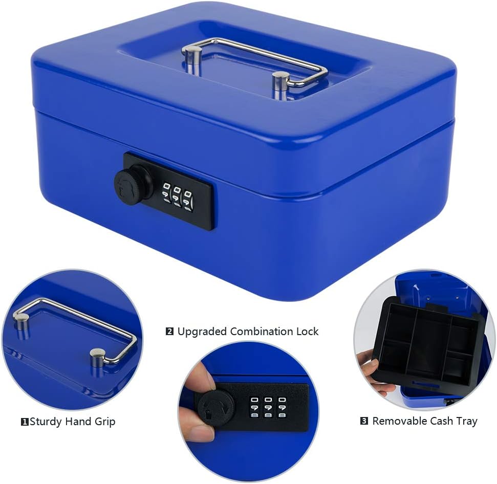 KYODOLED Small Cash Box with Combination Lock & Removable Money Tray, Black
