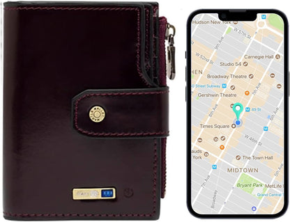 Anti-Lost Bluetooth Wallet Tracker Finder, Slim Trifold Cowhide Mens Wallet with ID Window Credit Card Holder Pocket (Coffee2-OLD)
