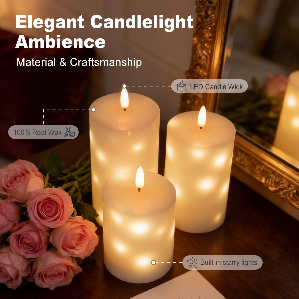 LEDHOLYT Rechargeable Flameless Glass Pillar Candles–Gifts for Women,–Set of 3, Realistic Flickering LED Flame,Remote & Timer, Ideal for Living Room, Bedroom & Halloween Festival Home Party Decor
