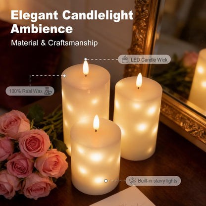 LEDHOLYT Rechargeable Flameless Glass Pillar Candles–Gifts for Women,–Set of 3, Realistic Flickering LED Flame,Remote & Timer, Ideal for Living Room, Bedroom & Halloween Festival Home Party Decor