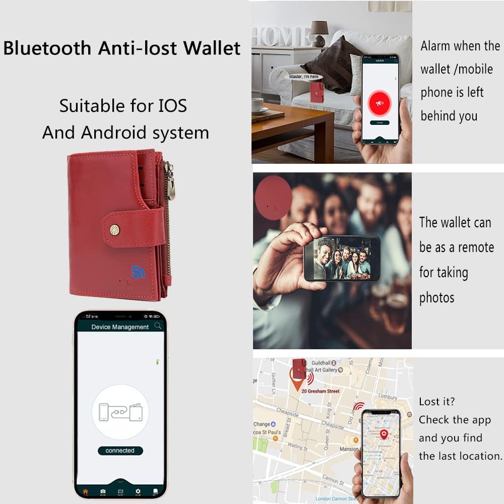 Anti-Lost Bluetooth Wallet Tracker Finder, Slim Trifold Cowhide Mens Wallet with ID Window Credit Card Holder Pocket (Coffee2-OLD)