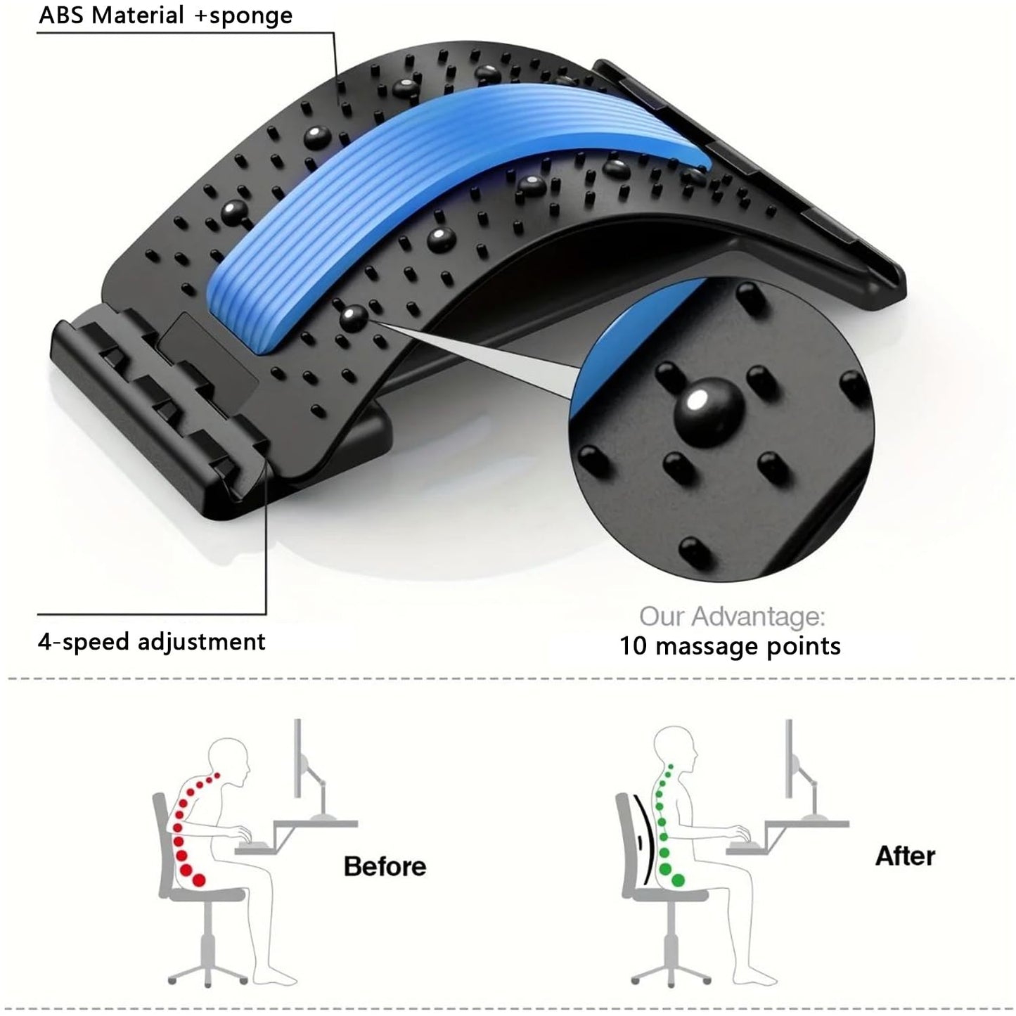 Back Stretcher - 4-Level Adjustable Lumbar Support Board & Back Cracker for Lower Back Pain Relief, Home Office Use (Blue)