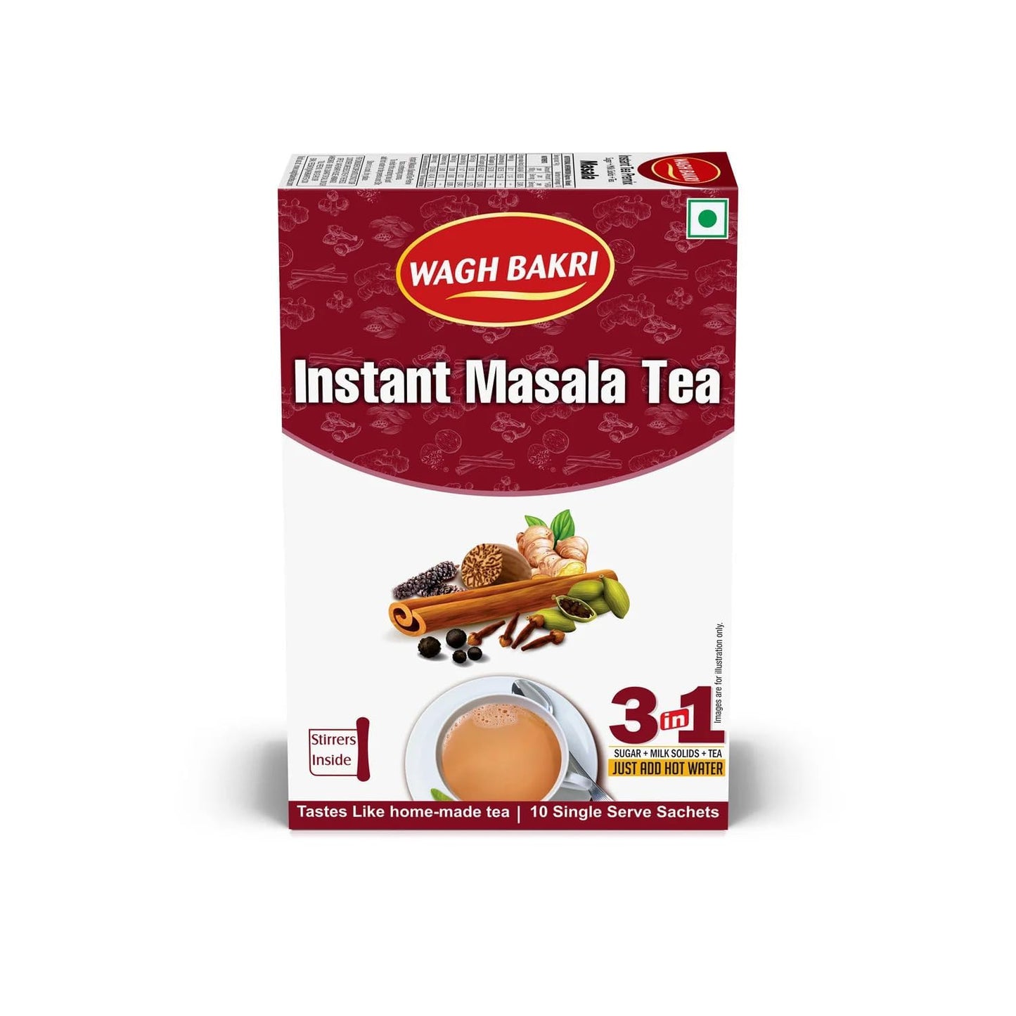 Wagh Bakri Instant Masala Tea | 3 in 1 Sugar+Milk Solids+ Tea | 10 Single Serve Sachets | 140g (4.93 Ounce)