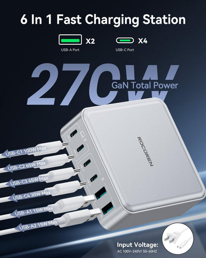 Rocoren 480W GaN 10‑Port Charging Station, PD 100W Fast USB‑C Charger Hub