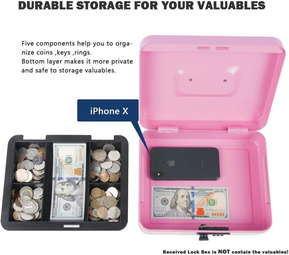 KYODOLED Small Cash Box with Combination Lock & Removable Money Tray, Black