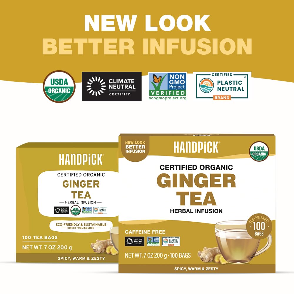 HANDPICK Organic Ginger Tea (100 Tea Bags) 100% Pure Ginger Root, Non GMO