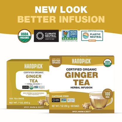 HANDPICK Organic Ginger Tea (100 Tea Bags) 100% Pure Ginger Root, Non GMO