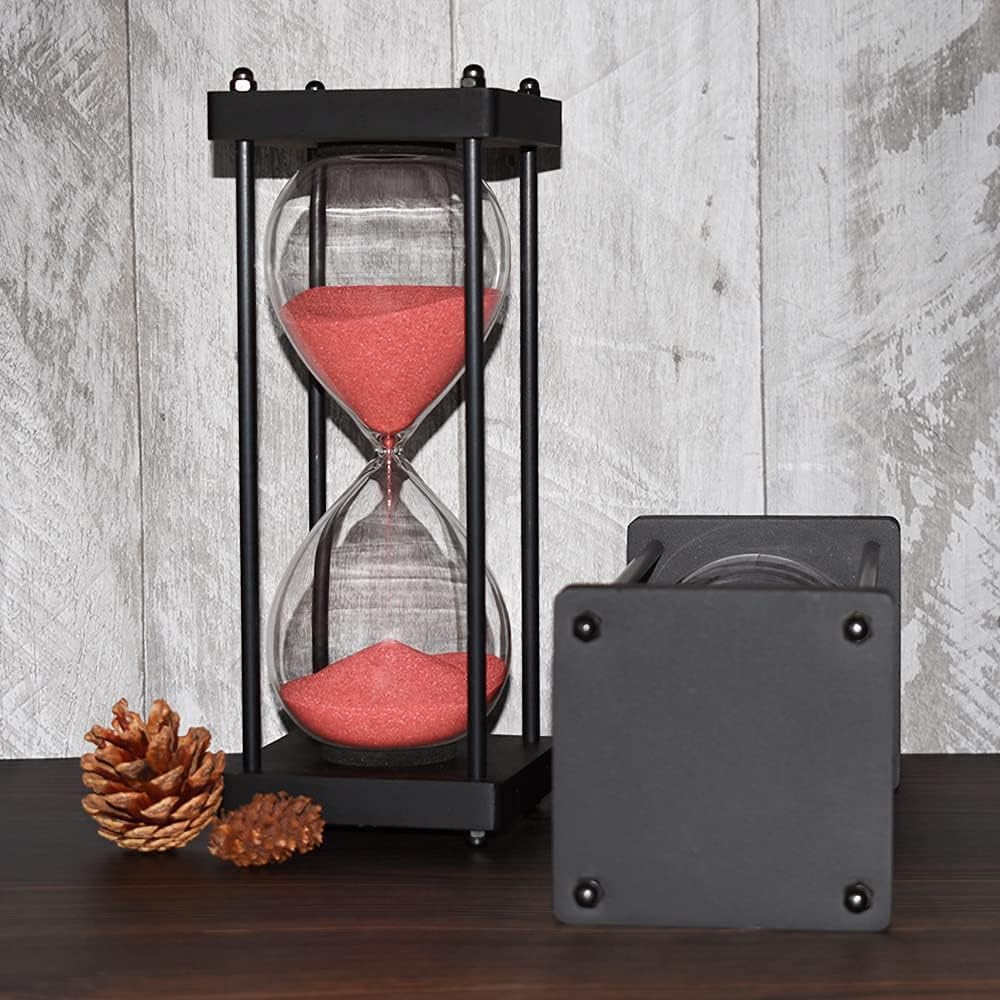 Hourglass Timer 60 Minute, Black Wooden Frame Decorative Sand Timer (Black Sand, Large Size)