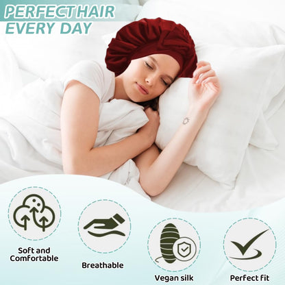 VECIIR Silk Bonnet for Sleeping Women, Ajustable Hair Bonnet for Curly Hairs Satin Bonnet Reduce Friction Prevent Frizz Black，Large
