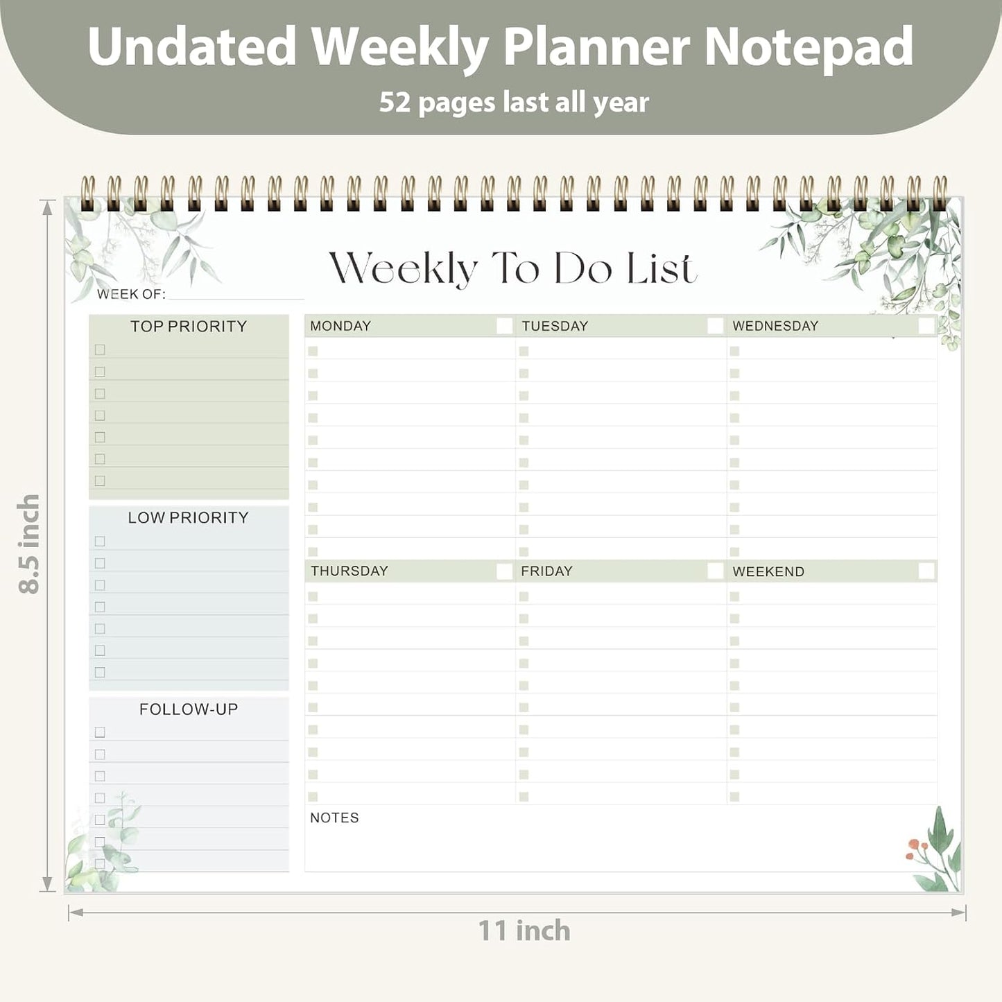 Weekly To Do List Notepad, Undated Planner with 52 Sheets (8.5''x11'') | Desk Accessories and Supplies, Women & Man, Home School & Work