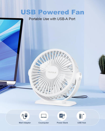 TriPole Desk Fan USB Powered Small Portable Fan, 3 Speeds Adjustable Strong Breeze Mini Personal Fans, 360° Rotation Quiet Plug In USB Fans for Desktop Bedroom Office Table Travel, Black, 4.9ft Cable