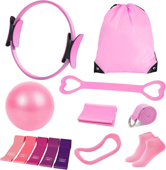 Pilates Kit for Women, Pilates Equipment with 13'' Magic Circle, Pilates Ring and Ball Set with 5 Strength Bands, Hip Thrust Belt, Compact Workout Set at Home
