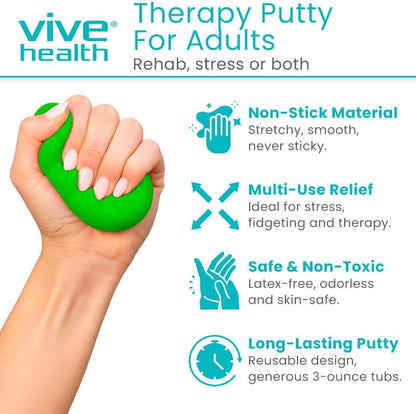 Vive Therapy Putty for Adults, for Hand (2 Pack) - Occupational Sensory Stress Relief Tools - for Physical Exercise, Finger Pain, Grip Strength, Rehab, Arthritis, Forearms, Fidgeting, Motor Skills