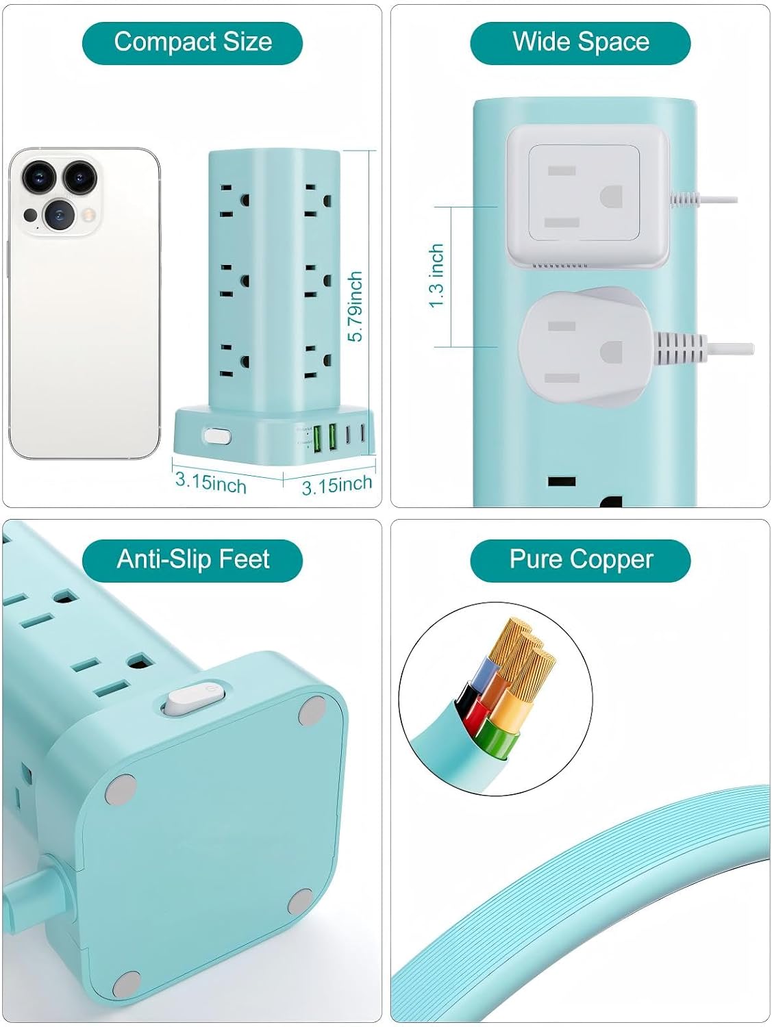 6FT Power Strip Tower Surge Protector, 12 Wide Spaced Outlets, 4 USB