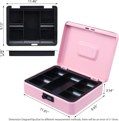 KYODOLED Cash Box with Combination Lock Safe Metal Money Box with Money Tray for Security Lock Box 7.87"x 6.30"x 3.35" Black