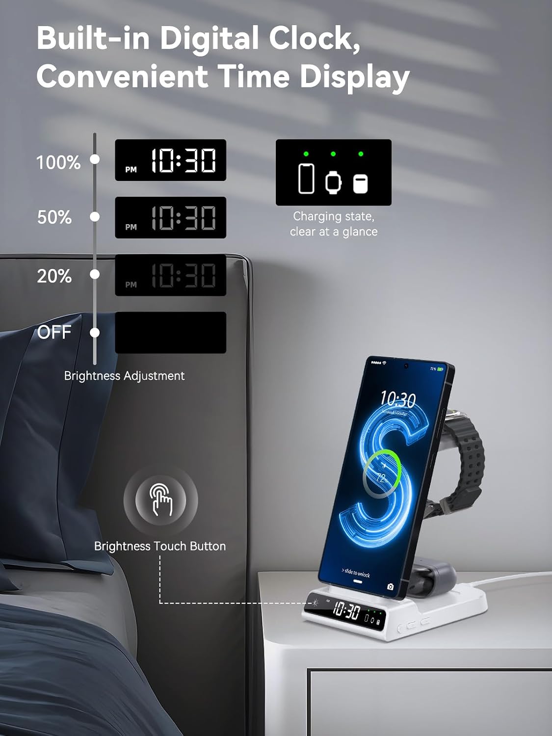 Wireless Charger for Samsung S25 with Clock 3 in 1 Android Charging Station