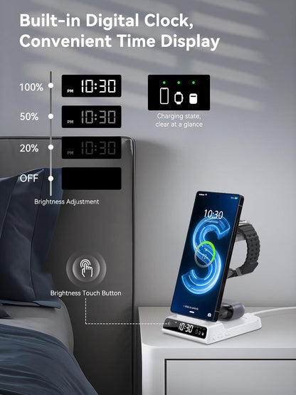 Wireless Charger for Samsung S25 with Clock 3 in 1 Android Charging Station