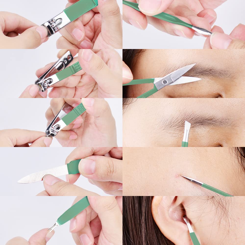 HANTEKAS Manicure Set 10 in 1 Stainless Steel, Nail Clippers Scissors Pedicure Tools Kit - Portable Travel Grooming Kit for Men and Women with Leather Case (Jade Green)