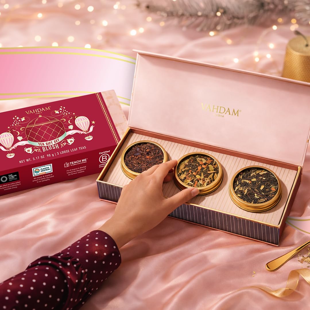 VAHDAM, BLUSH - Assorted Tea Gift Set, 3 Premium Teas in Tin Caddy Presentation Box | Loose Leaf Teas | Gift for everyone