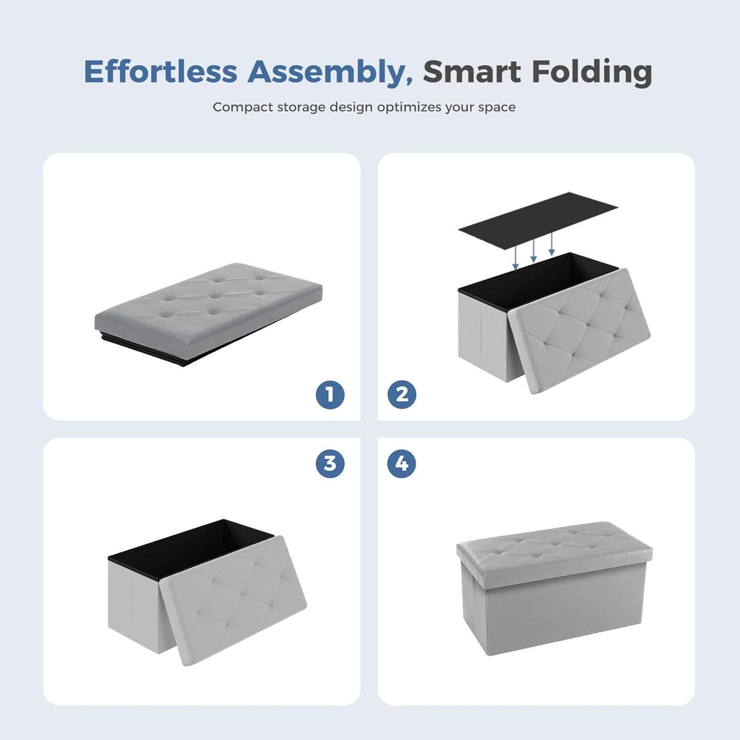 DUMOS 43 Inch Folding Storage Ottoman Bench, Large Hidden Storage Chest with Thicker Foam Padded Seat, End of Bed Foot Rest Stool for Bedroom Living Room Entryway, Load 660 lbs, Grey