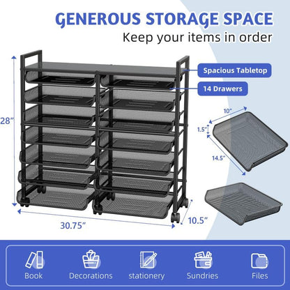 Simple Trending 12-Tier Rolling File Cart, Desk File Organizer with 11 Mesh Sliding Trays, Letter & Legal Paper Storage Rolling Utility Cart for Office Home School, Black