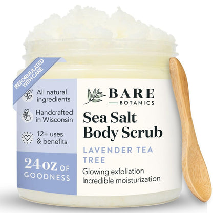 Bare Botanics Coconut Vanilla Body Scrub 24oz | Made in Madison, WI | All Natural Sea Salt Exfoliator w/ Skin Loving Moisturizers | Vegan & Cruelty Free | Gift Ready Packaging w/ a Cute Wooden Spoon