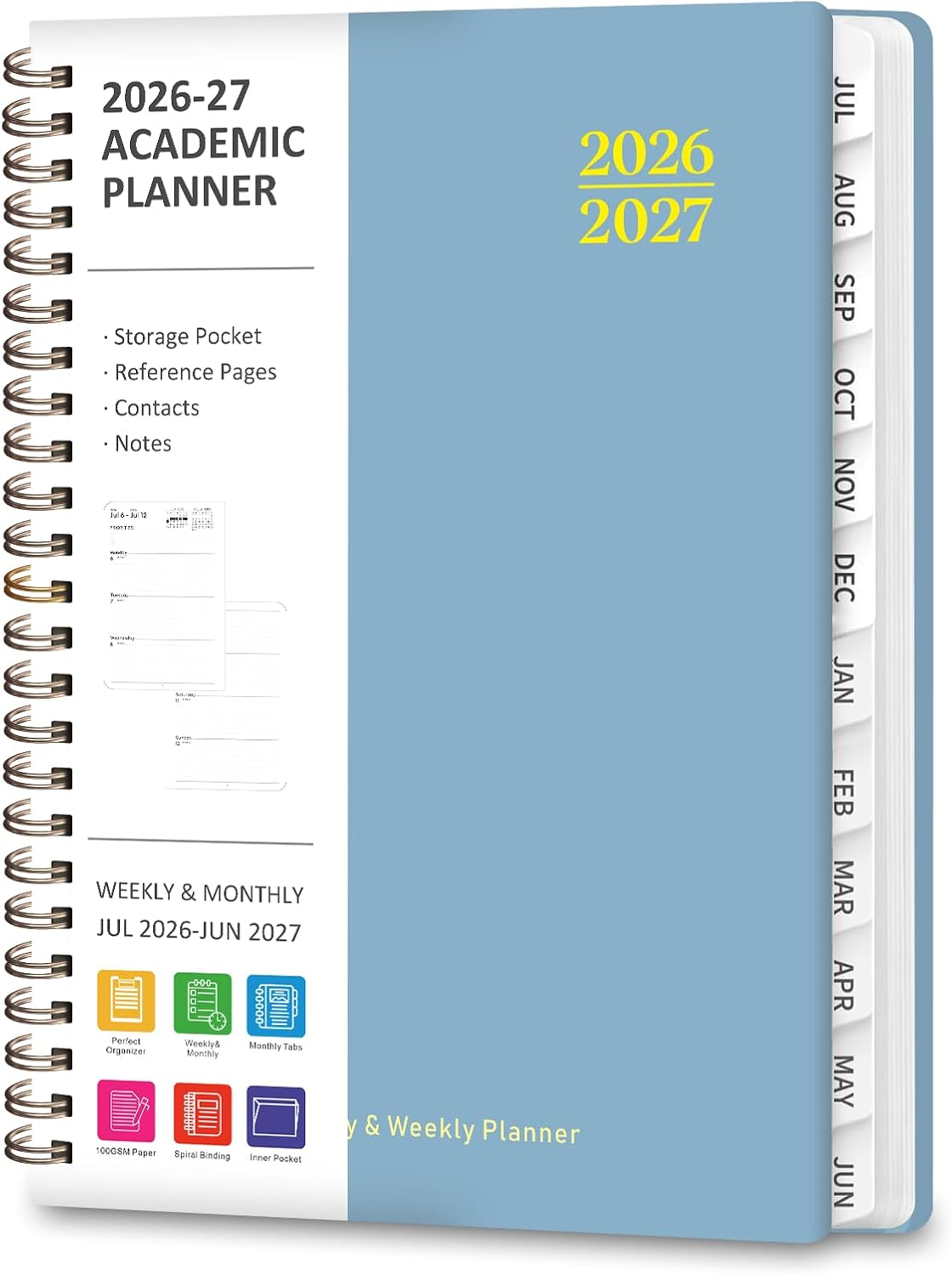 Planner 2026-2027, Weekly and Monthly Calendar Planner, JUL 2026 - JUN 2027 | A5(6.3'' x 8.5''), Hardcover, Agenda Book, Sprial Bound, Inner Pocket, Office and School Use