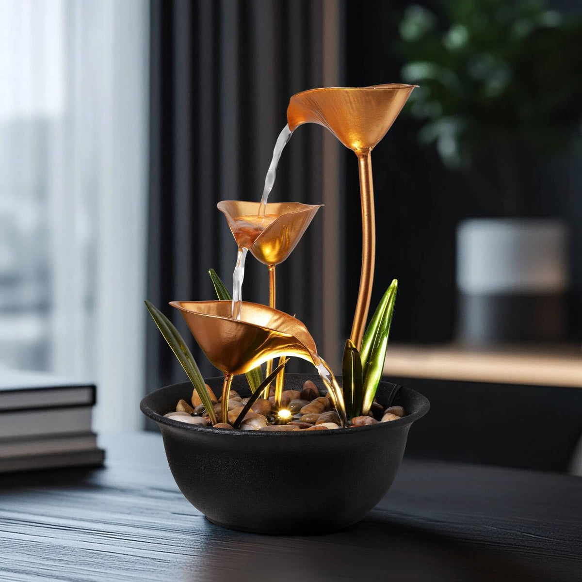 Tabletop Water Fountain Indoor, 10.6" Tiered Bowl Desktop Fountain with LED Light, Modern Zen Metal Waterfall Fountain for Office Desk, Home Office, Bedroom & Living Room Decor, Gold
