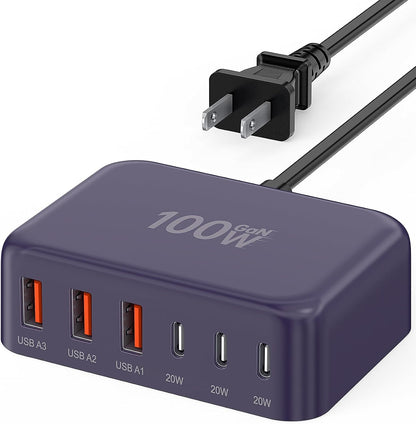 USB Fast Charger Block 50% Smaller 100W Max 6-Port GaN USB Charging Station