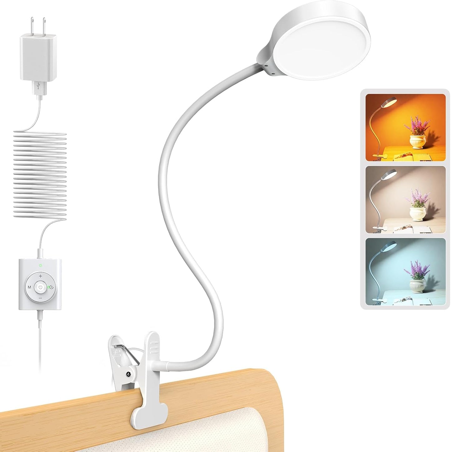 Glocusent 5W Clip on Light, 36 LED Eye Caring Reading Light for Bed, 3 Colors & 5 Brightness Clip on Lamp with Adapter, Perfect Desk Lamp with Clamp/Bunk Bed/Headboard/Table