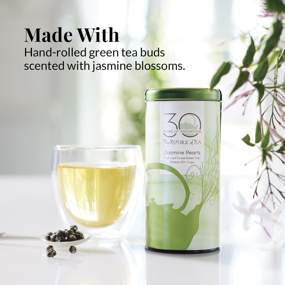 The Republic of Tea Jasmine Pearls Full-Leaf Loose Green Tea, 3.0 oz | Steeps 50 Cups | Caffeinated