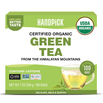 HANDPICK Organic Green Tea Bags (100 Count) USDA Organic,Fragrant Green Tea