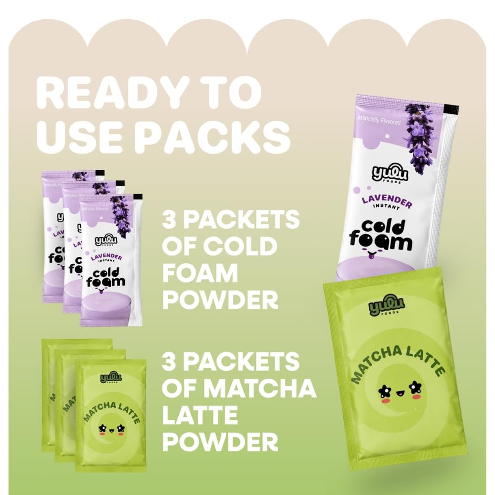 Yulu Instant Latte Kit, Matcha Drink Mix with Lavender Cold Foam Topping, Café-Style Iced Tea Blend, Includes Powder Packets, Easy DIY Beverage Kit, 3 Drink Sets (Lavender)
