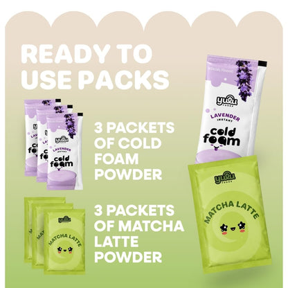 Yulu Instant Latte Kit, Matcha Drink Mix with Lavender Cold Foam Topping, Café-Style Iced Tea Blend, Includes Powder Packets, Easy DIY Beverage Kit, 3 Drink Sets (Lavender)