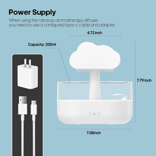 Rain Cloud Humidifier Water Drip - Mushroom Aroma Diffuser, Essential Oil Diffusers, 300ml White Noise Aromatherapy Diffusers with 7 Colors Cloud Lights for Home, Large Room, Office - White