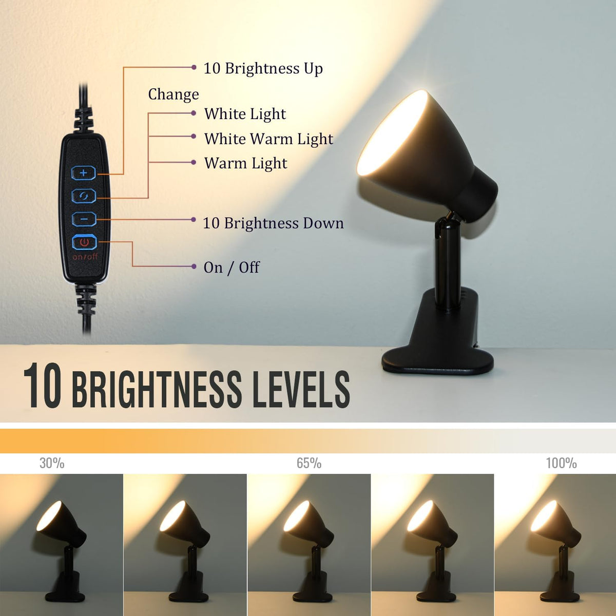 CRI 90+ Eye-Care Clip Light for Reading, 6W Small Clamp Lamp for Desk, Flexible Gooseneck Clip Lamp for Bed Headboard with 3 Color Modes & 10 Brightness(Adapter Include)