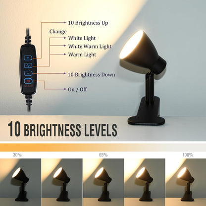 CRI 90+ Eye-Care Clip Light for Reading, 6W Small Clamp Lamp for Desk, Flexible Gooseneck Clip Lamp for Bed Headboard with 3 Color Modes & 10 Brightness(Adapter Include)