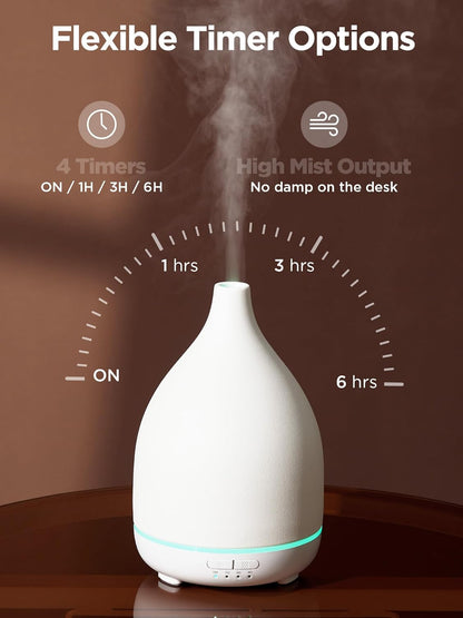 InnoGear Oil Diffuser, 300ML Ceramic Diffuser for Essential Oils Handcrafted Aromatherapy Diffuser Ultrasonic Cool Mist Humidifier with 4 Timers Waterless Auto Off for Room Office, White