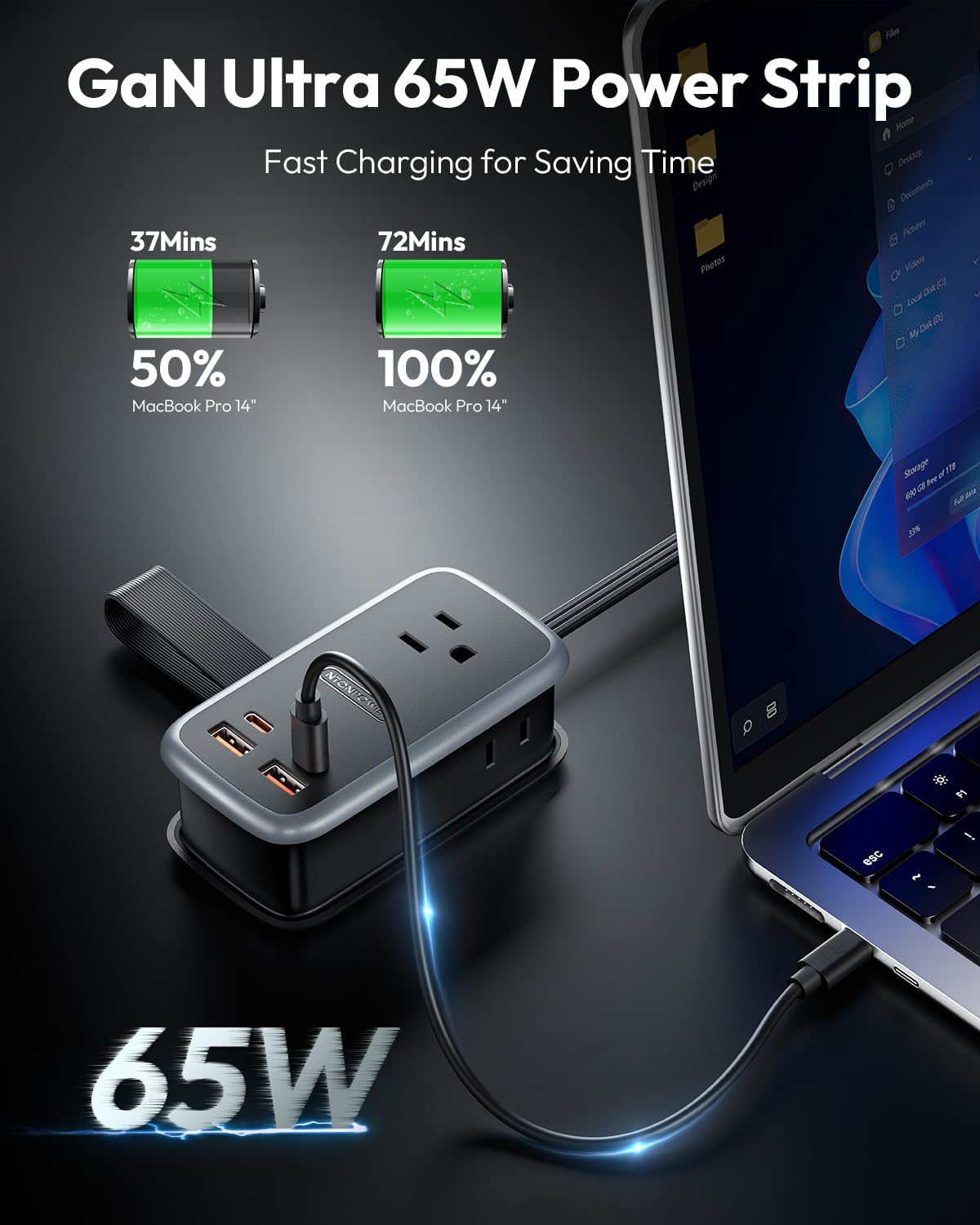 NTONPOWER GAN Ultra 65W USB Charging Station, 7 in 1 Travel Power Strip with 3 Outlets 4 USB (2 USB C), Extension Cord 4ft, Travel Essentials, Cruise Power Strip Compatible with MacBook, iPhone, White