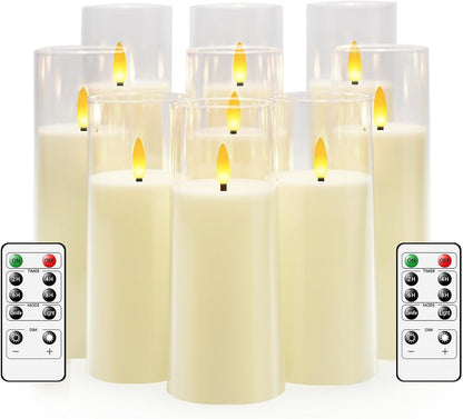 kakoya Flickering Flameless Candles Battery Operated with Remote and 2/4/6/8 H Timer Acrylic Led Pillar Candles Pack of 9 (appr D2.3"xH5.5"6.5"7.5")with Realistic 3D Wick Candles for Home Decor(White)