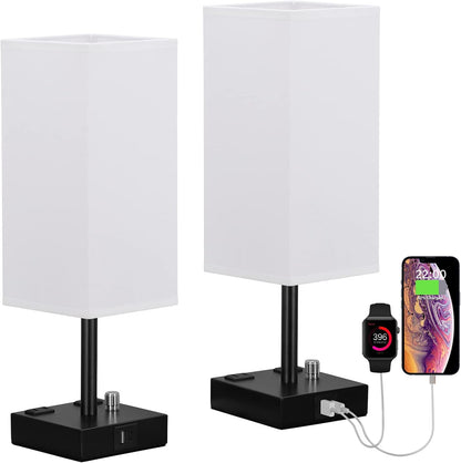 Bedside Table Lamps Set of 2 for Bedroom - Dimmable, USB C+A, 2 AC Outlets