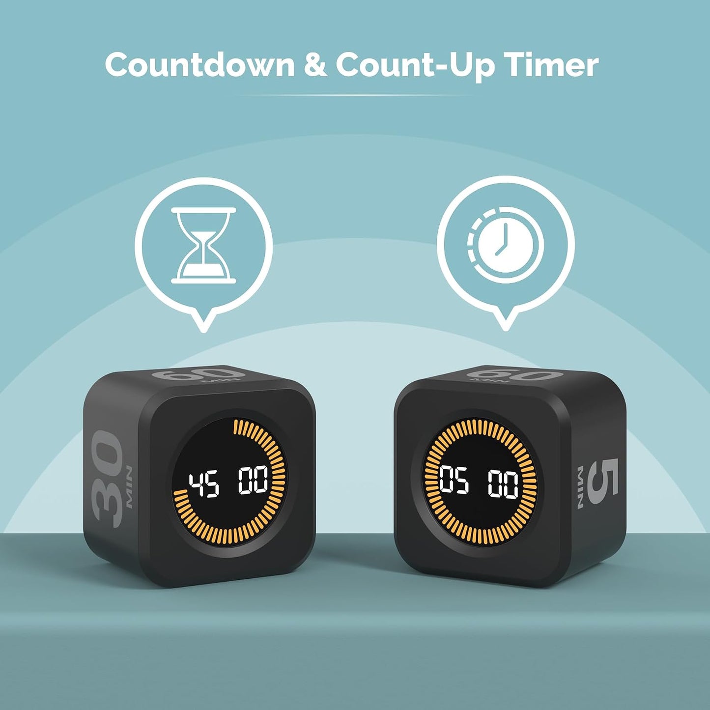 KADAMS Pomodoro Timer – Visual Cube with 5/10/30/60 Min Presets, LED Countdown Ring & Count Up Mode, Silent Flip Productivity Timer for Study, Classroom, Office, Cooking