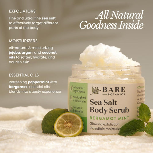 Bare Botanics Coconut Vanilla Body Scrub 24oz | Made in Madison, WI | All Natural Sea Salt Exfoliator w/ Skin Loving Moisturizers | Vegan & Cruelty Free | Gift Ready Packaging w/ a Cute Wooden Spoon