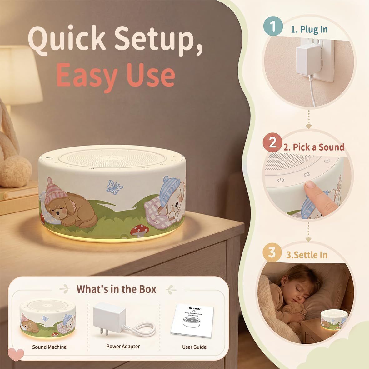 Kipcush White Noise Machine for Baby & Adults, 30 Soothing Sounds, Soft Non-Glare Nursery Lamp, 8 Color Night Lights, Memory Function (Angel V1 White, Standard)